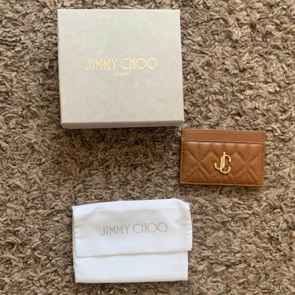 Jimmy Choo Tan Quilted Nappa Genuine Leather Card Holder
